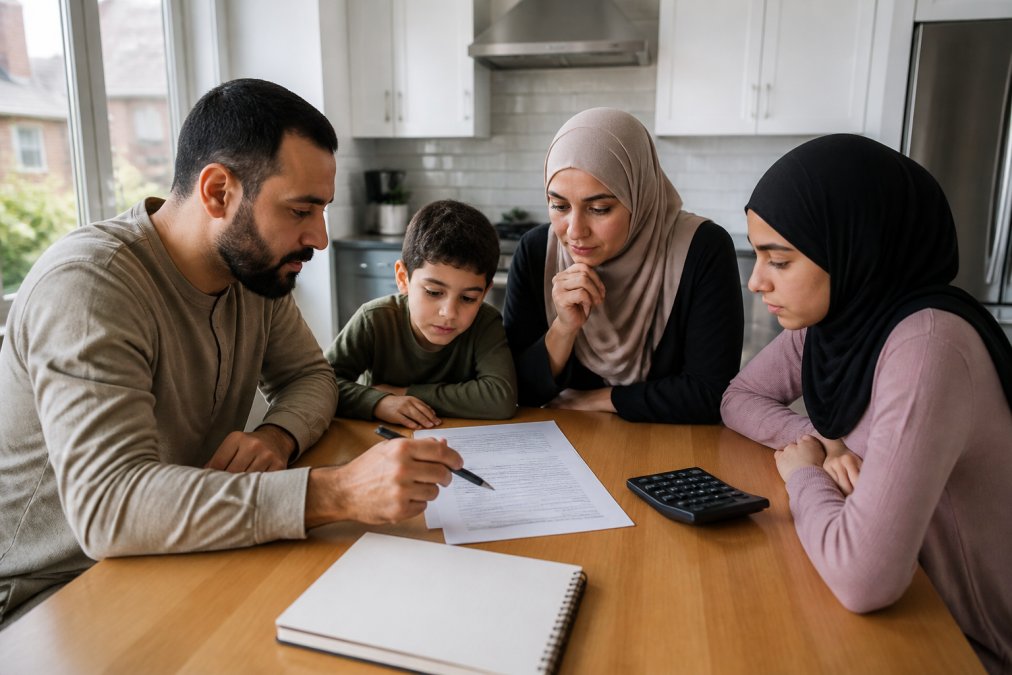 Famille examinant un devis de voyage avec une calculatrice pour identifier les frais cachés pèlerinage.