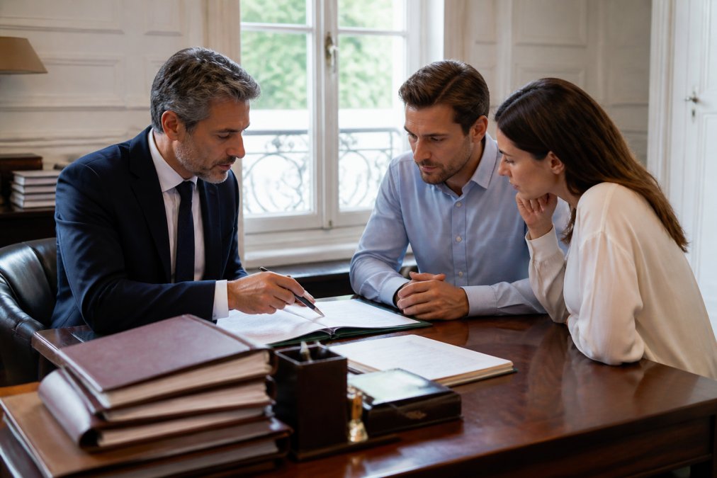 Notaire professionnel en consultation avec un couple dans son bureau, examinant ensemble des documents d'achat immobilier sur un bureau en bois massif, avec des dossiers empilés et des stylos, lumière naturelle provenant d'une fenêtre