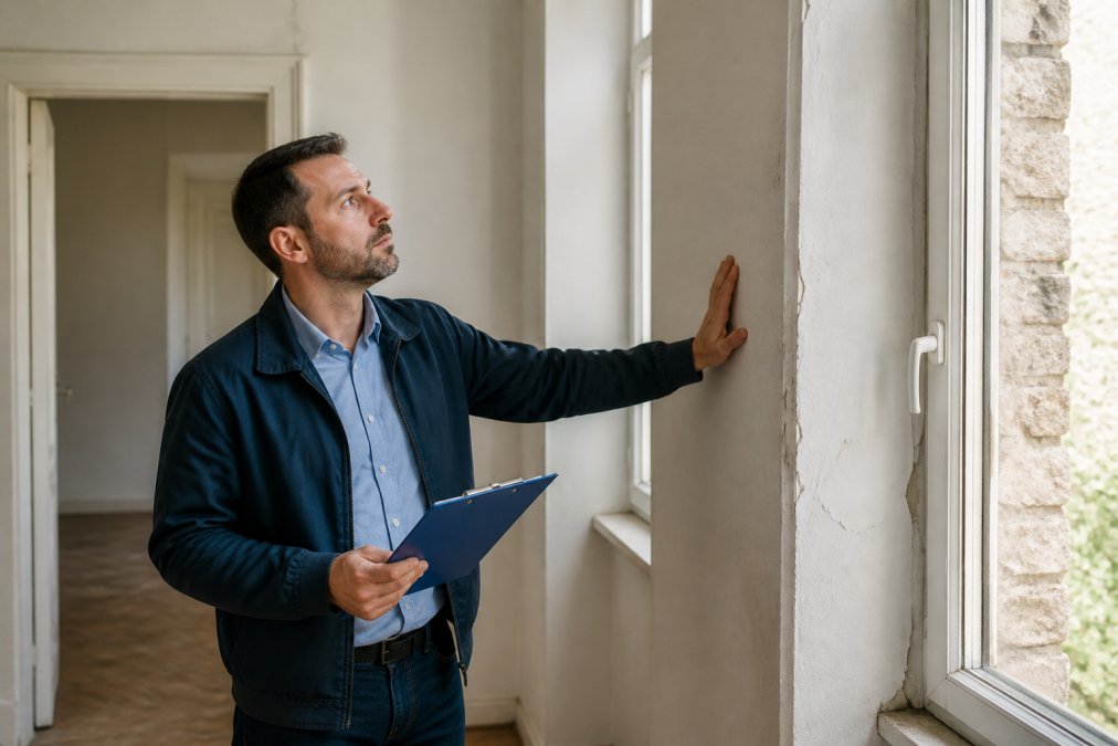 Propriétaire inspectant l'intérieur de la propriété, vérifiant les murs et les fenêtres, avec un presse-papiers et une liste de contrôle d'inspection à la main