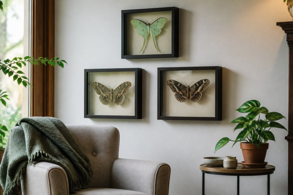 Diagram illustrating the gallery wall arrangement of three insect shadowboxes in a living room setup
