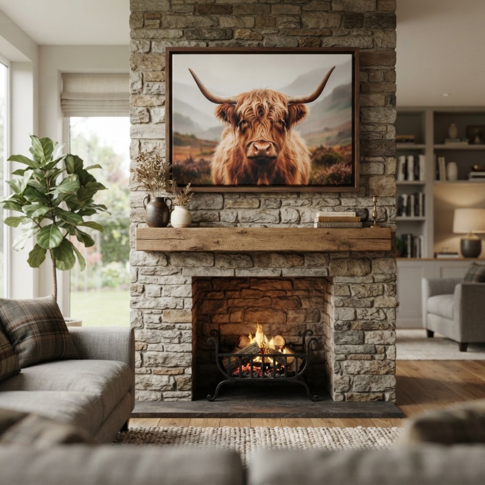 Beautifully framed Highland cow canvas print hanging in a modern living room above a fireplace, displaying warm rustic tones that complement both traditional and contemporary décor, with natural light highlighting the canvas texture