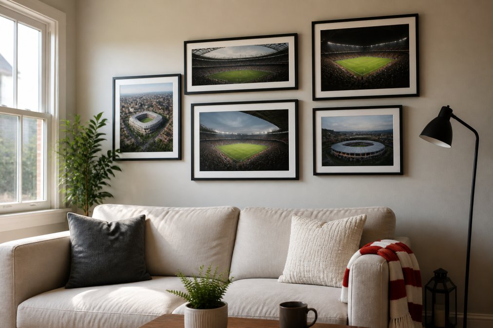 A living room wall with a gallery arrangement of several framed football stadium photographs in matching black frames, above a sofa with a football scarf draped over one arm, warm natural light from a window