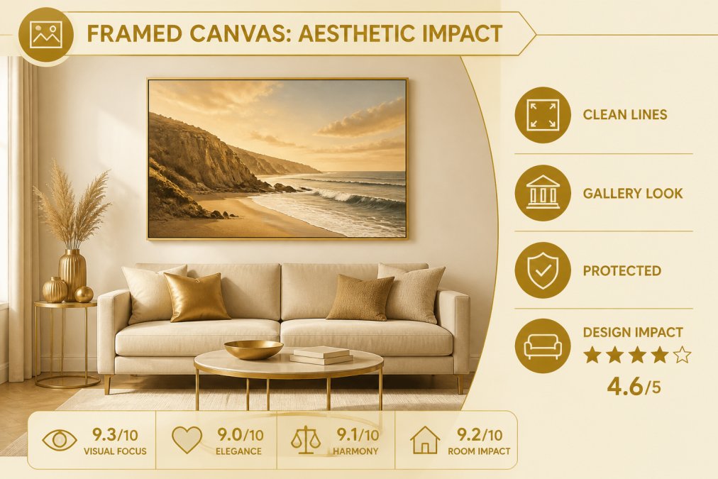 Modern living room with a framed coastal canvas print above a sofa, showing clean lines and gallery-style presentation against neutral walls with warm natural lighting