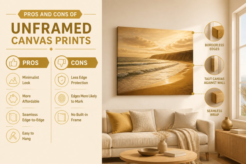 Modernes Wohnzimmer mit neutralen Wänden, das ein ungerahmtes Küsten-Leinwandbild mit randlosen Kanten zeigt, das minimalistische Ästhetik und wie straffe Leinwand direkt an der Wand sitzt, mit natürlichem Tageslicht vom Fenster