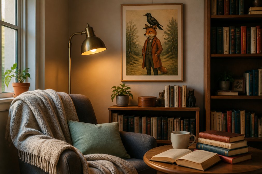 A cozy reading nook with a whimsical framed animal art poster hung above a bookshelf, warm lamp light, and a stack of classic fable books on a nearby table