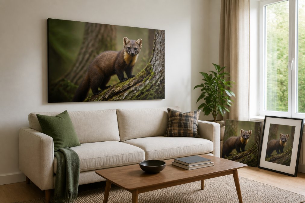A bright modern living room with a large gallery wrapped canvas of a pine marten hanging above a linen sofa, soft natural light from a window, minimalist decor with a plant and coffee table