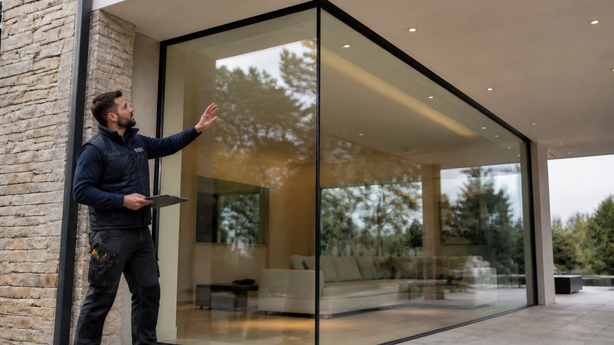 Professional demonstrating frameless glass corner window design technique in modern architectural setting with natural lighting