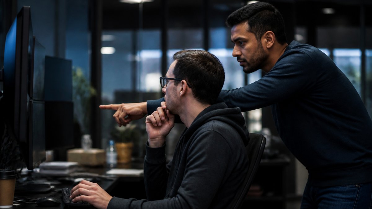 An AI engineer at a workstation reviewing live agent traces and alert dashboards on dual monitors in a dim operations room, colleague pointing at the screen