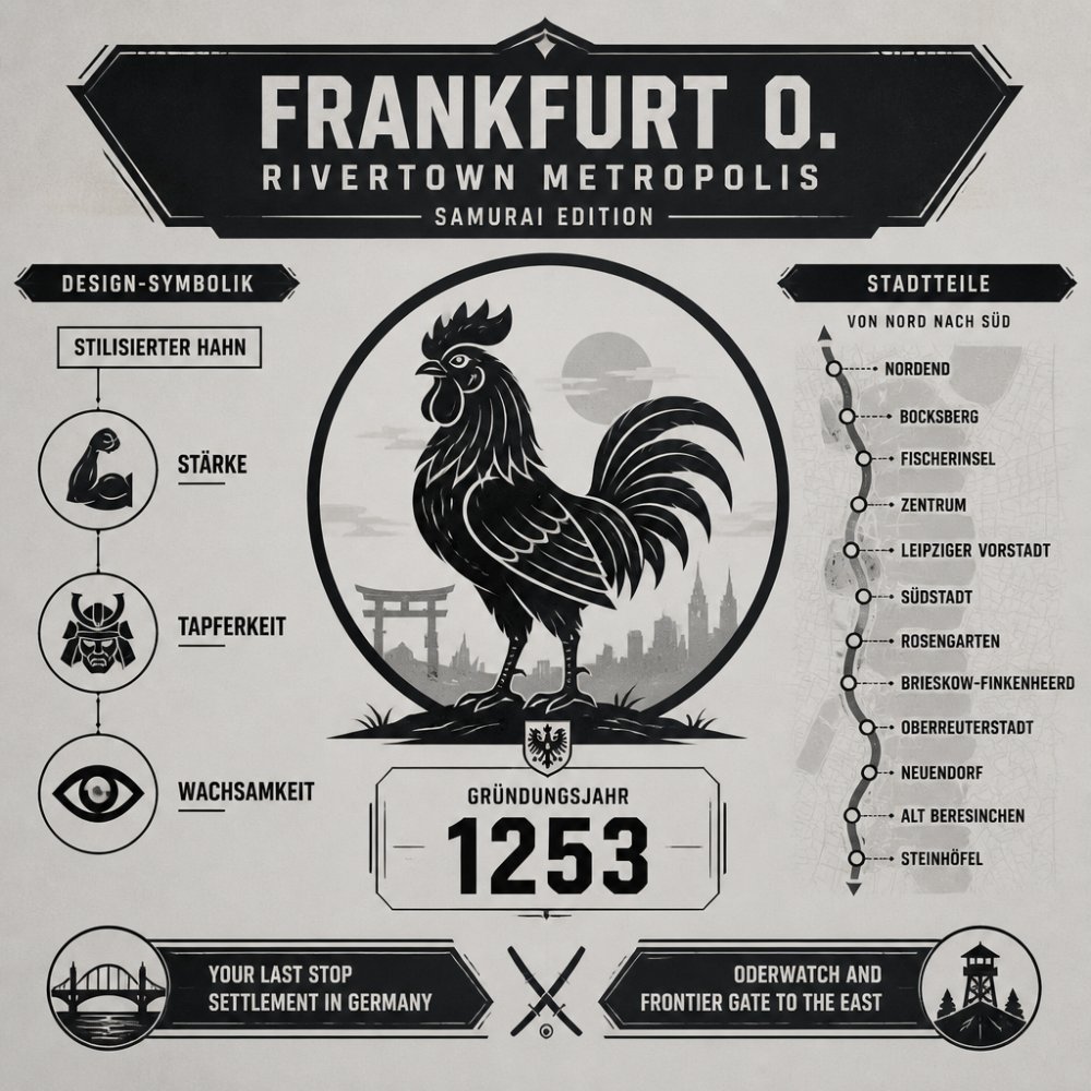 Infografik zur Design-Symbolik der Samurai Edition: stilisierter Hahn mit den Attributen Stärke, Tapferkeit und Wachsamkeit, Gründungsjahr 1253, Schriftzug "Frankfurt O. Rivertown Metropolis", Stadtteile-Liste von Nord nach Süd, Slogans "Your last stop settlement in Germany" und "Oderwatch and frontier gate to the east"