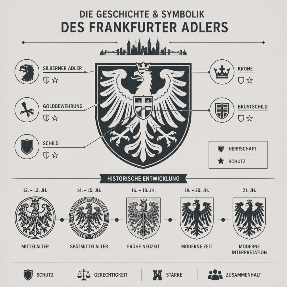 Symbolik-Übersicht mit Komponenten des Frankfurter Adlers: Silberner Adler, Goldbewehrung, Krone, Schild und historische Entwicklung vom Mittelalter bis zur modernen Interpretation