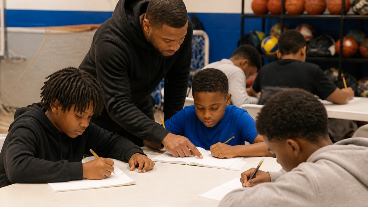 A group of boys ages 8 to 14 sitting at tables in a community center room, some working on homework with notebooks and pencils while a male mentor leans over to help one child, sports equipment visible in the background