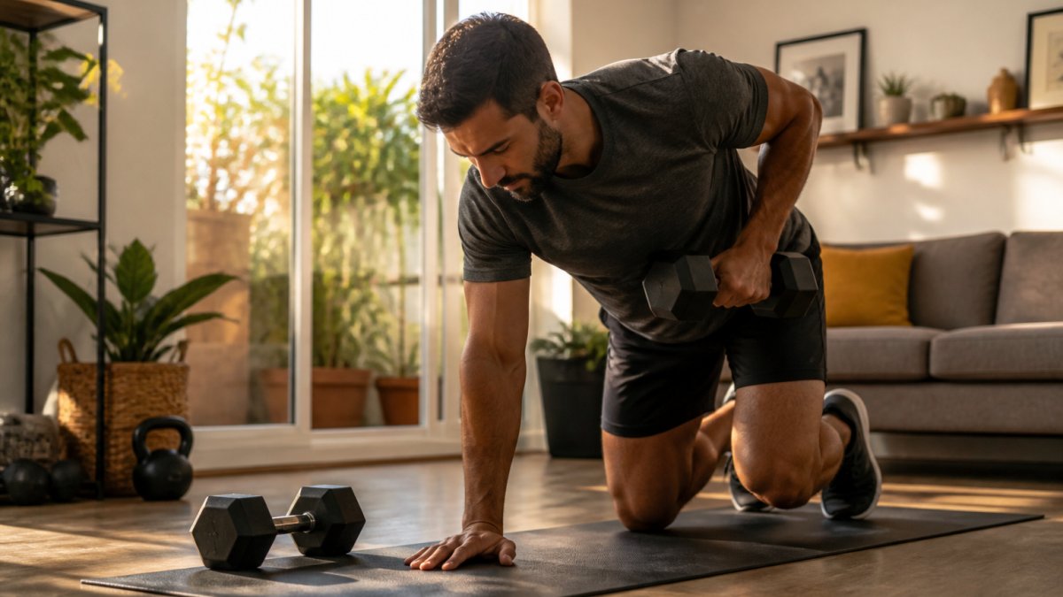 Person performing dumbbell exercises in a home gym setting with dumbbells on a mat and natural window lighting