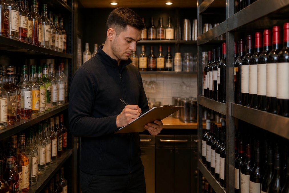 Bar manager using a clipboard to conduct inventory without a free liquor stock app
