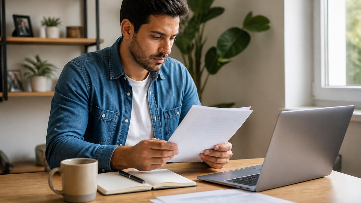 A focused entrepreneur working at a wooden desk with a laptop, notebook, and coffee, reviewing business documents in a bright home office