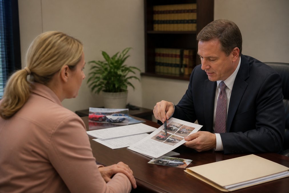 Client sitting across from attorney in professional office setting with medical records and accident documents spread on desk, demonstrating a car accident consultation in progress