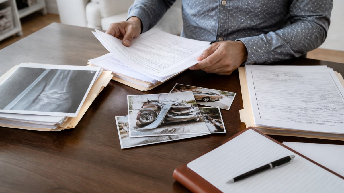 Person's hands organizing medical records, accident photographs, and insurance documents on a table with a notepad and pen, preparing for a legal consultation