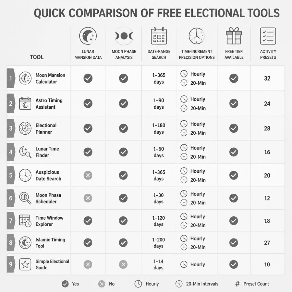 Feature comparison matrix showing which free electional astrology timing calculator tools offer lunar mansion data, Moon phase analysis, date-range search, time-increment precision options (hourly vs. 20-minute intervals), free tier availability, and activity presets, with specific counts and features for each of the 9 tools