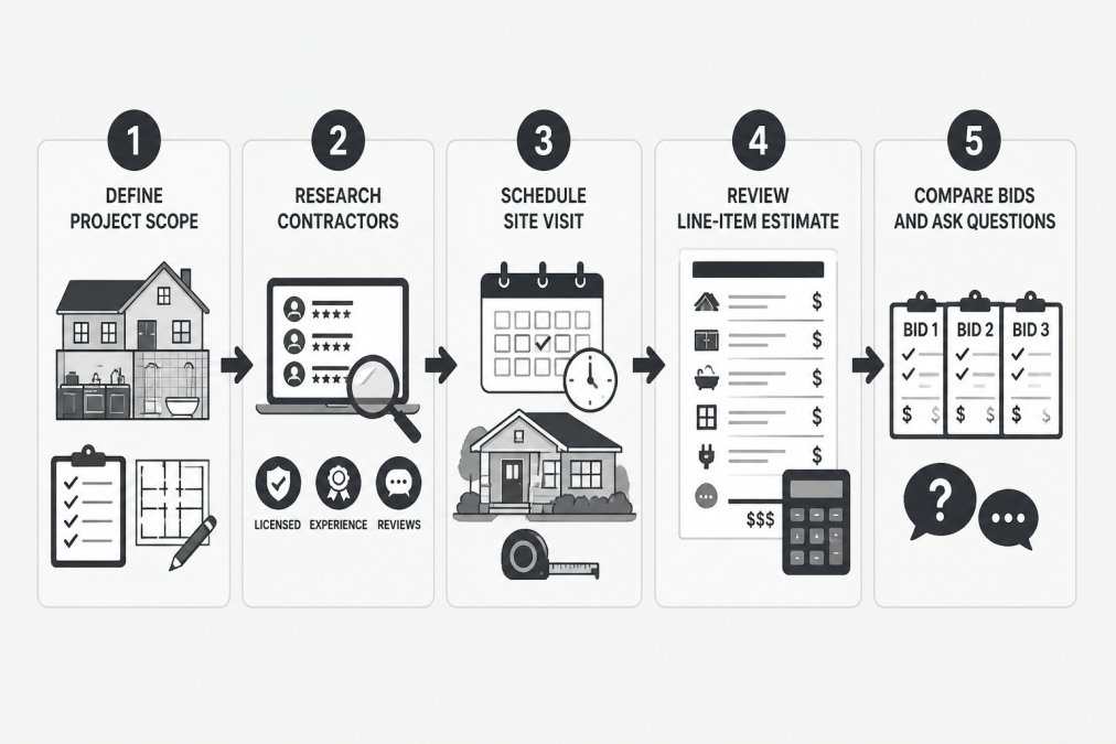 5-step flowchart outlining the process to secure an accurate home remodeling estimate from contractors.