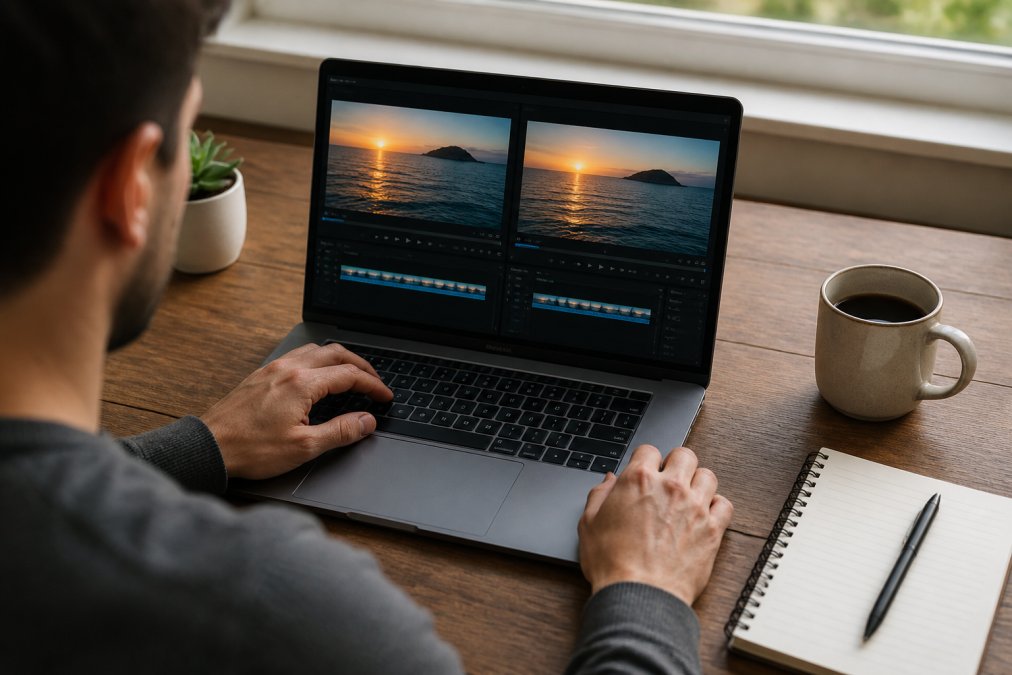 Comparison chart showing a person using a media converter to compare two video files side by side on a laptop