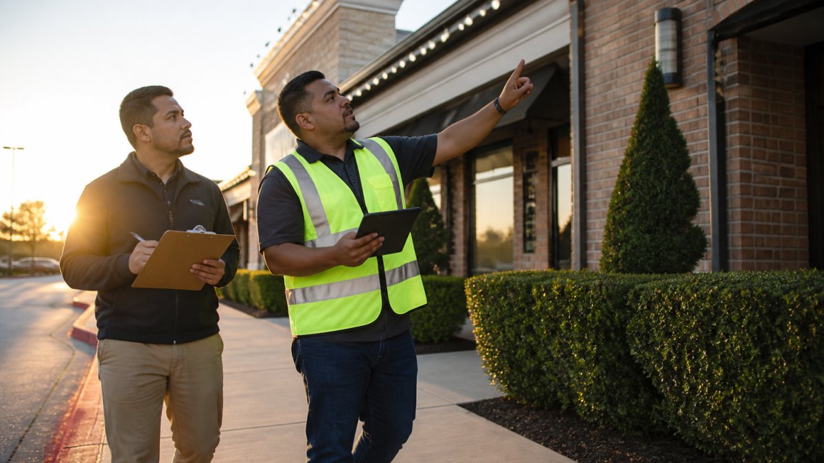 A lighting consultant in a safety vest walking a commercial building exterior with a tablet, pointing at the roofline while a property manager takes notes