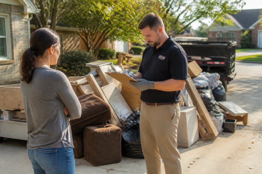 Junk removal professional providing on-site junk estimates to a homeowner in a driveway