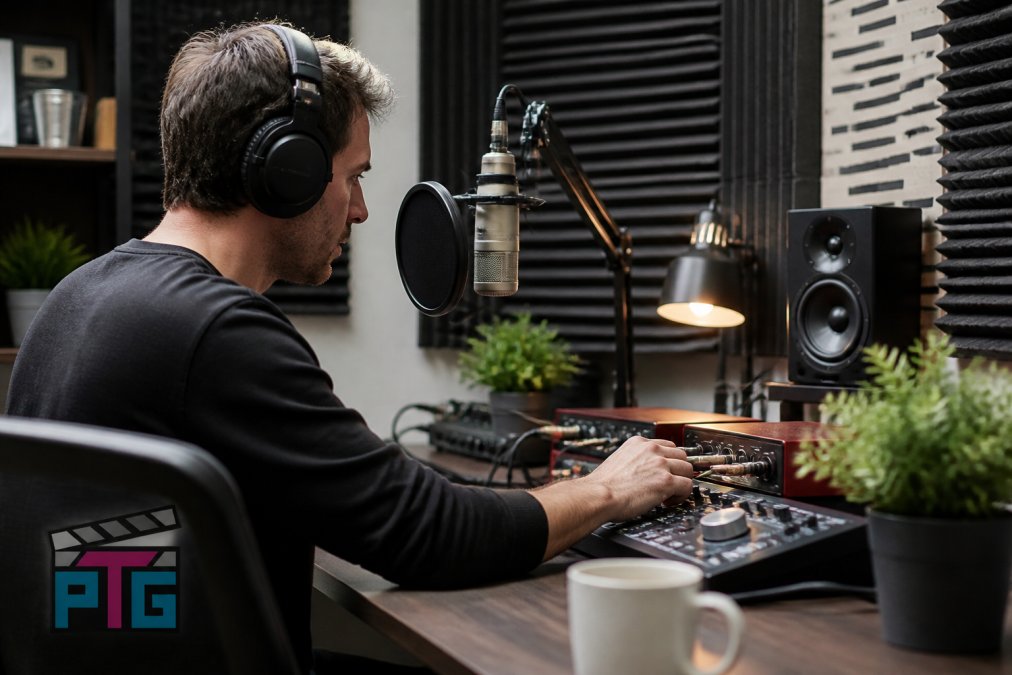 Computer monitor displaying audio waveforms with a microphone and interface on a desk in a home studio.