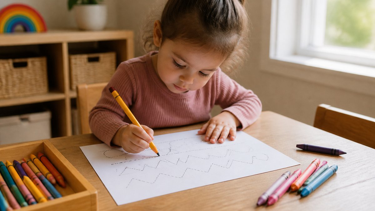 Diagram illustrating the progression from curved to zigzag lines on a child's handwriting development worksheet