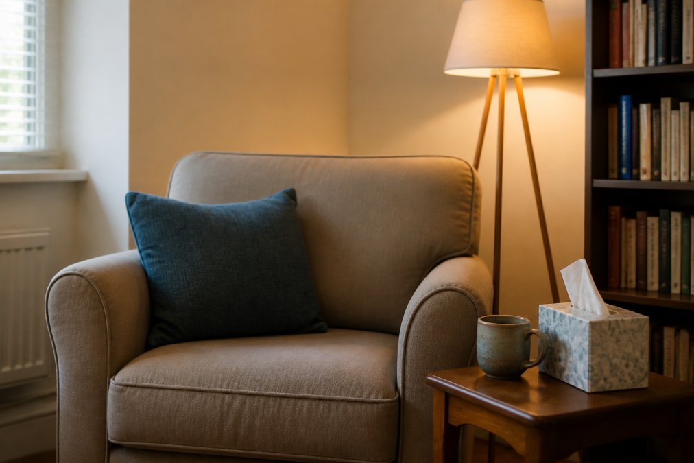 A calm therapy room with a comfortable armchair, soft lamp lighting, and a box of tissues on a small wooden side table, conveying a safe and welcoming atmosphere