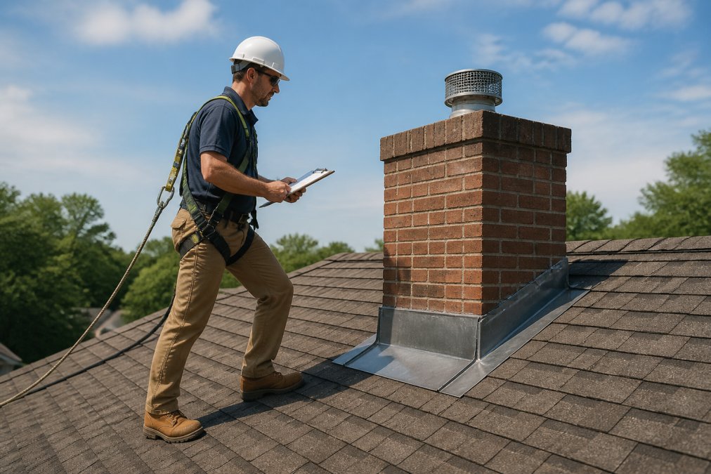Certified inspector checking metal flashing during a free roof inspection on a sunny day