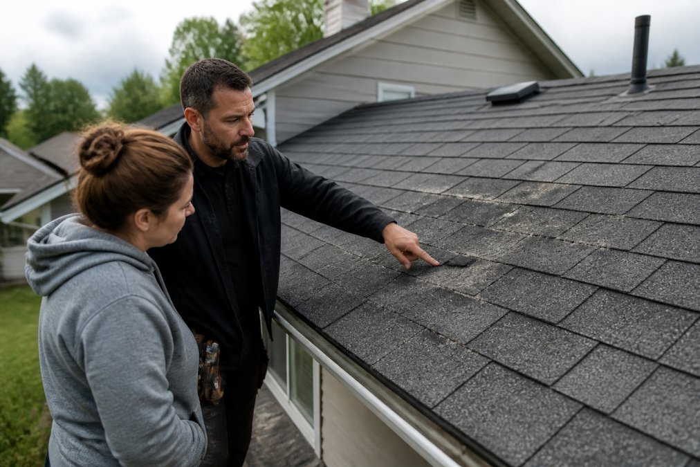 A roofing contractor in work attire pointing at a section of an asphalt shingle roof while explaining an issue to a homeowner in a residential neighborhood