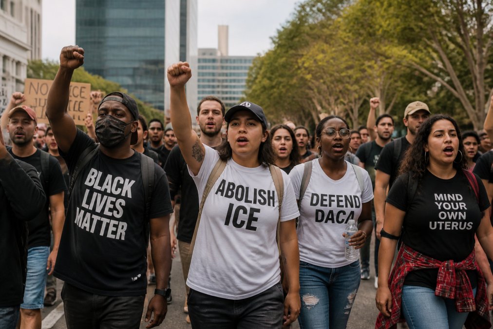 A diverse group of people at a protest or march wearing various political statement t-shirts and apparel, standing together with visible messaging and raised fists