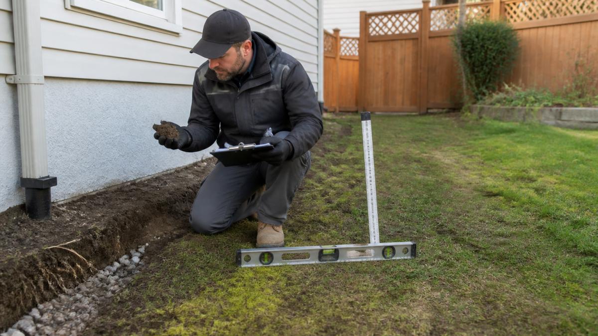 Professional drainage contractor in work gear examining soil composition and grading near residential foundation, using measurement tools and noting observations in backyard