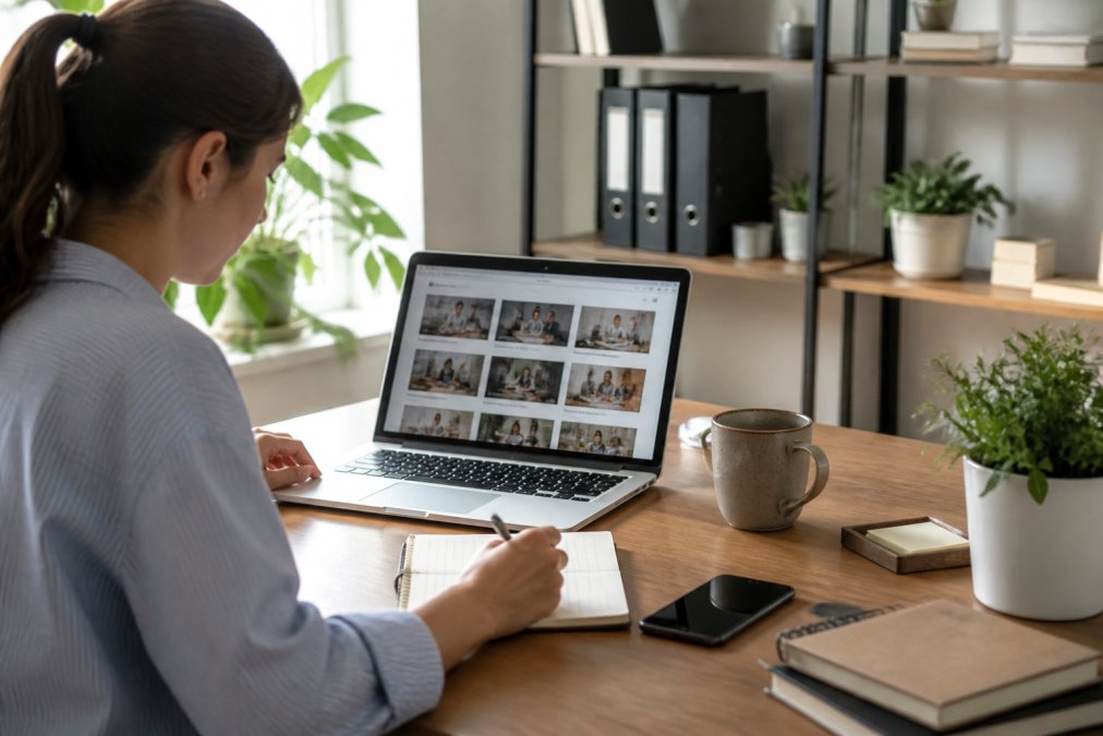 A small business owner at a desk with a laptop showing an online course dashboard, notebook and coffee nearby, bright home office setting