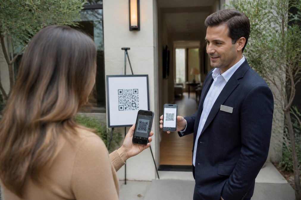 Real estate agent holding a smartphone showing a QR code on the screen while standing at an open house entrance with a printed QR code sign visible on an easel behind them