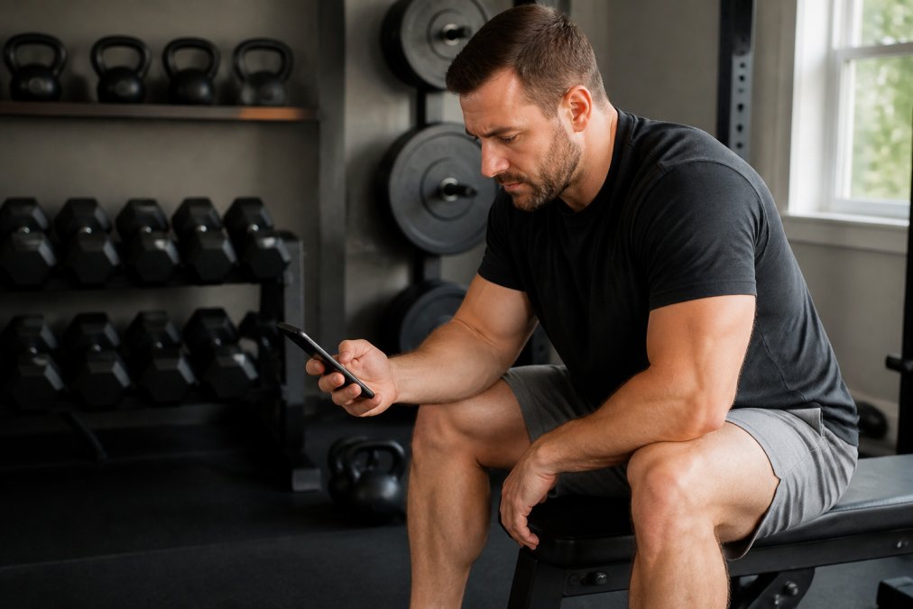 Focused athlete reviewing a detailed workout plan on smartphone while seated at home gym setup with dumbbells, kettlebells, and weight plates visible in background, natural window lighting