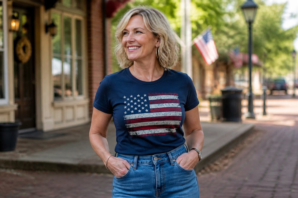A stylish woman in her 50s wearing a fitted patriotic graphic tee tucked into high-waisted jeans, smiling confidently in a bright outdoor setting