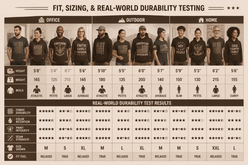 Veterans and civilians of varying body types wearing patriotic graphic hoodies and t-shirts in real-world settings, office, outdoor, casual home environments, showing authentic fit across different frames and builds