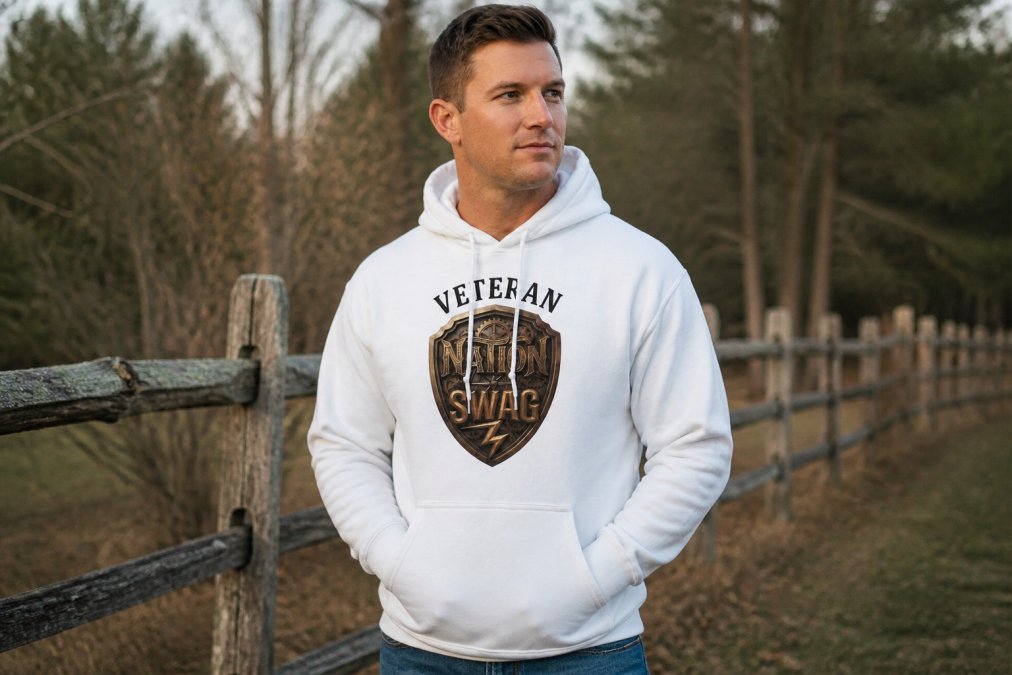 Veteran wearing patriotic graphic hoodie in casual outdoor setting, showing how tactical design graphics appear on actual garment worn on real person, natural daylight
