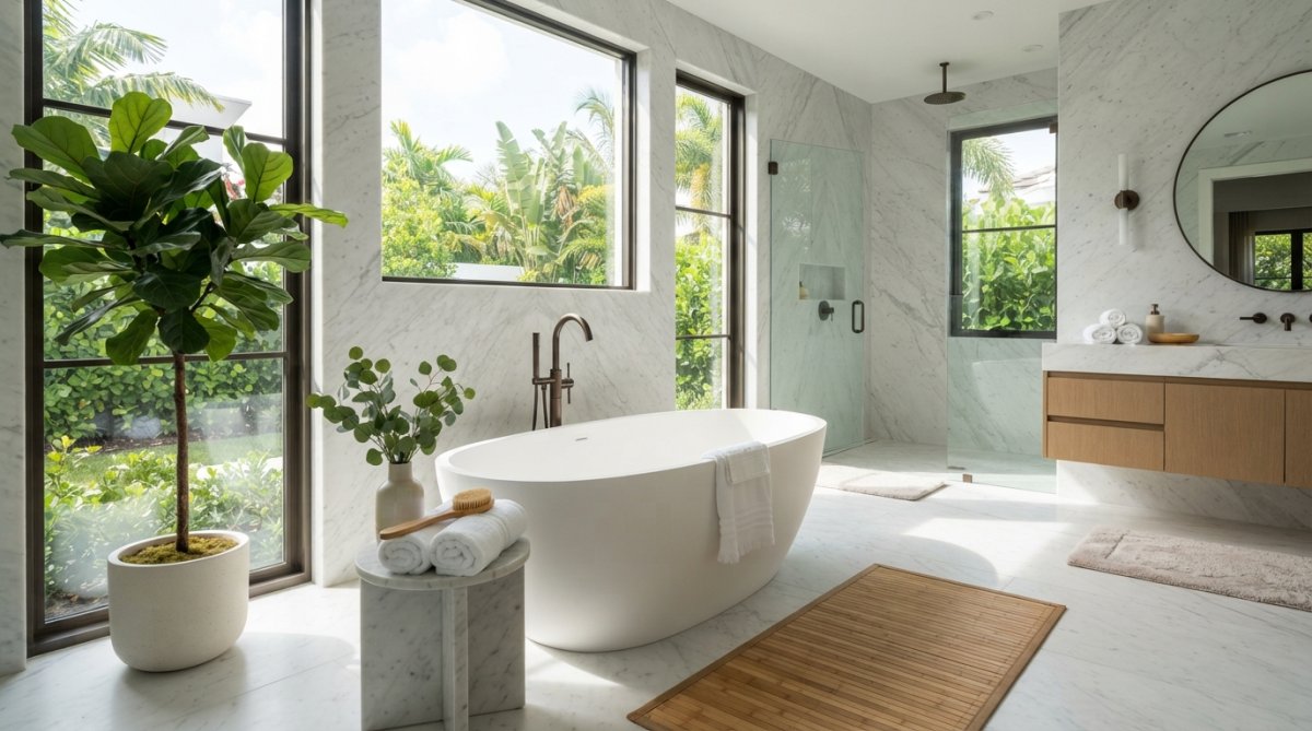 Luxurious primary bathroom with a sculptural freestanding soaking tub positioned as the room's focal point, natural light streaming through floor-to-ceiling windows, spa-like atmosphere with soft linens, plants, and minimalist marble surfaces
