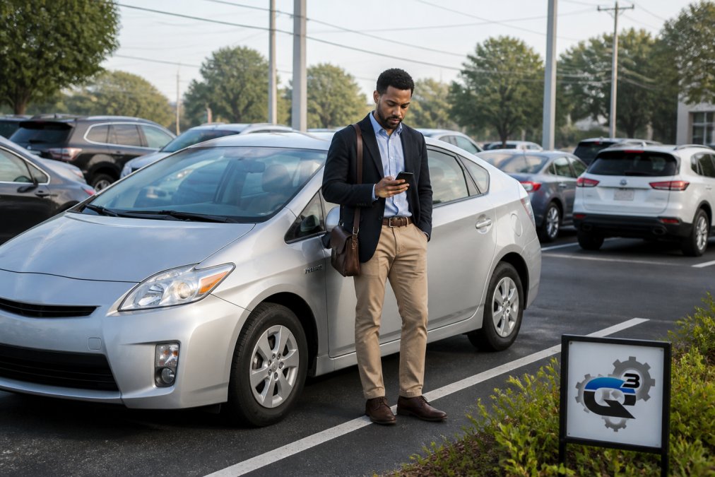 A commuter in a business casual outfit standing next to a silver hybrid sedan in a suburban parking lot during morning rush hour, checking a phone for navigation while other cars idle in the background