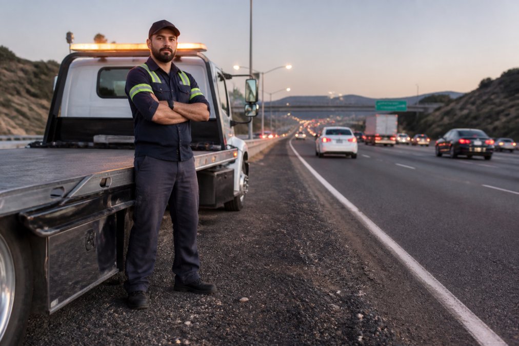 Professional towing operator in uniform standing next to a flatbed tow truck on a freeway shoulder at dawn, with traffic visible in the background