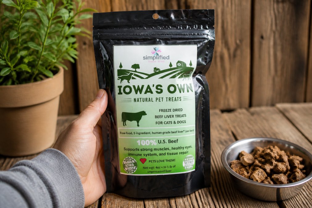 A hand holding a small resealable bag of single-ingredient freeze-dried pet treats with rustic wooden background, natural warm lighting