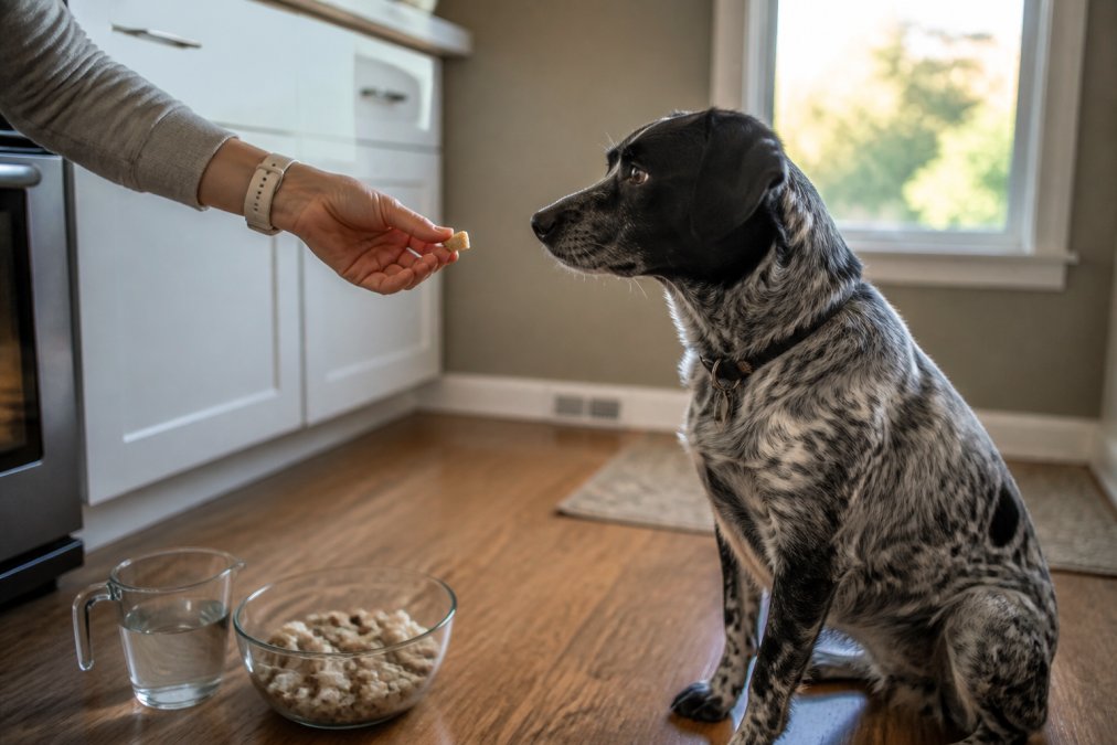 A person's hand holding a small freeze-dried treat out to a dog sitting patiently on a kitchen floor, with a clear bowl of rehydrated food and a measuring cup of warm water nearby, soft natural window light
