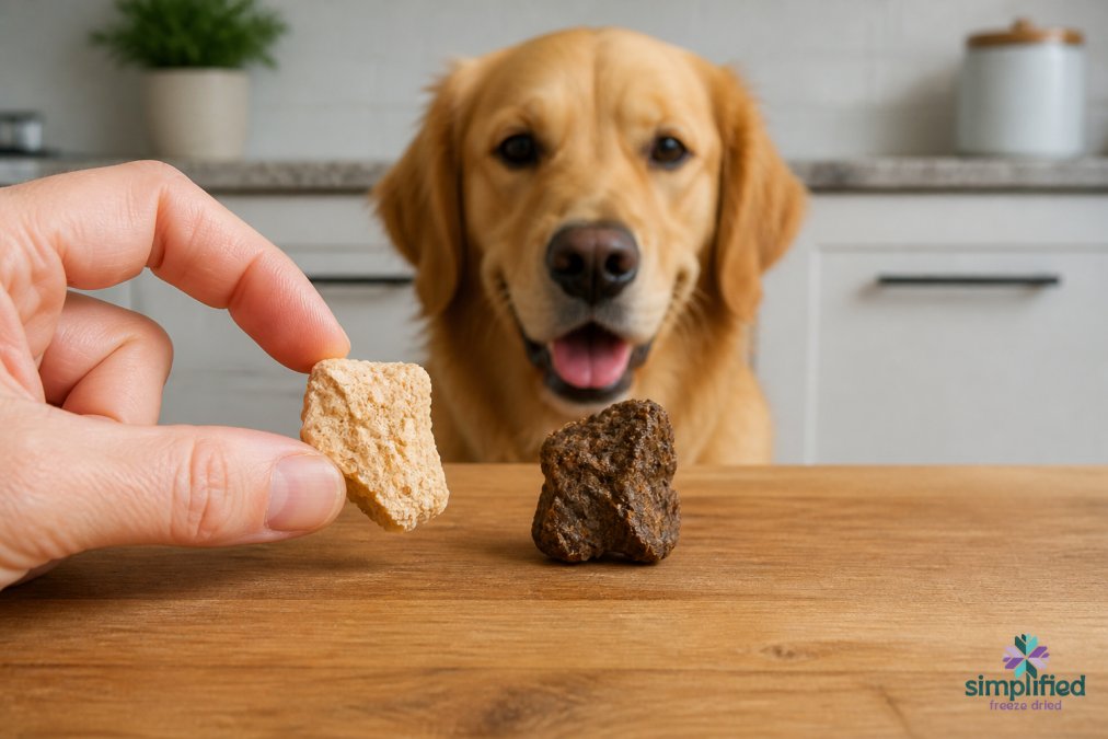 A pet owner holding freeze dried vs air dried beef liver treats for a waiting dog on a kitchen counter