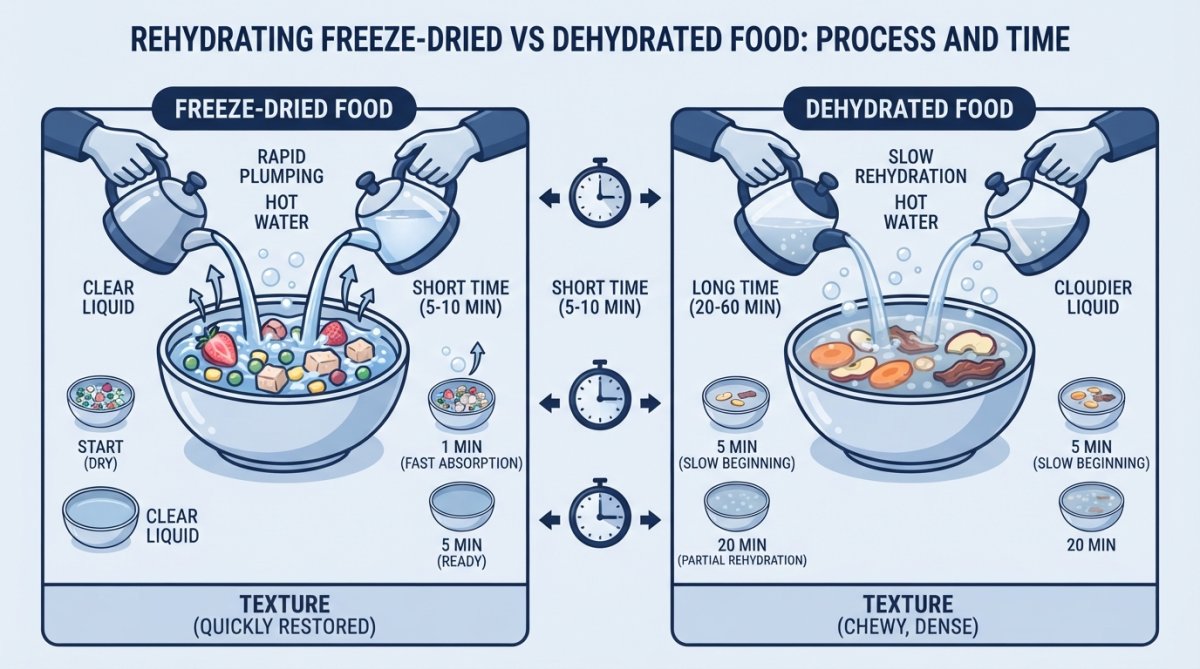 Side-by-side bowls showing freeze-dried food being rehydrated with hot water on the left side with clear liquid and rapidly plumping pieces, and dehydrated food in various stages of rehydration on the right side with cloudier water and slower changes, hands pouring hot water into both bowls simultaneously