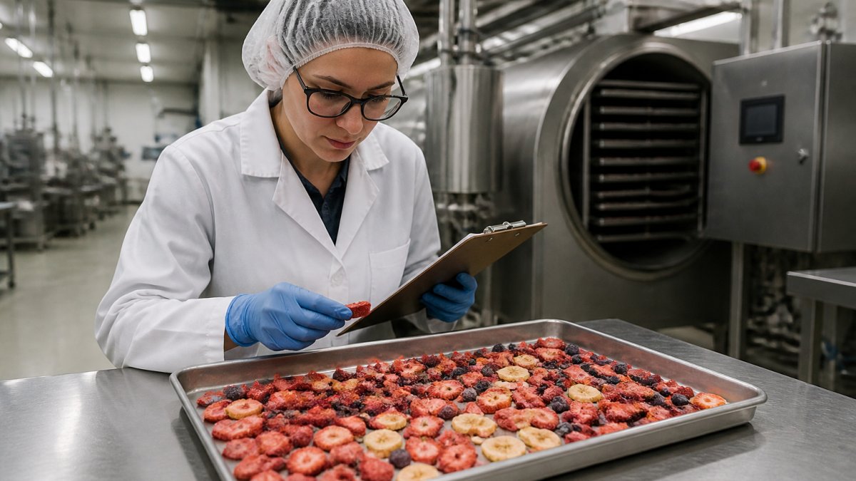 A quality control technician in a hairnet and lab coat inspecting a tray of freeze-dried fruit pieces on a stainless steel production table inside a food manufacturing facility, clipboard in hand