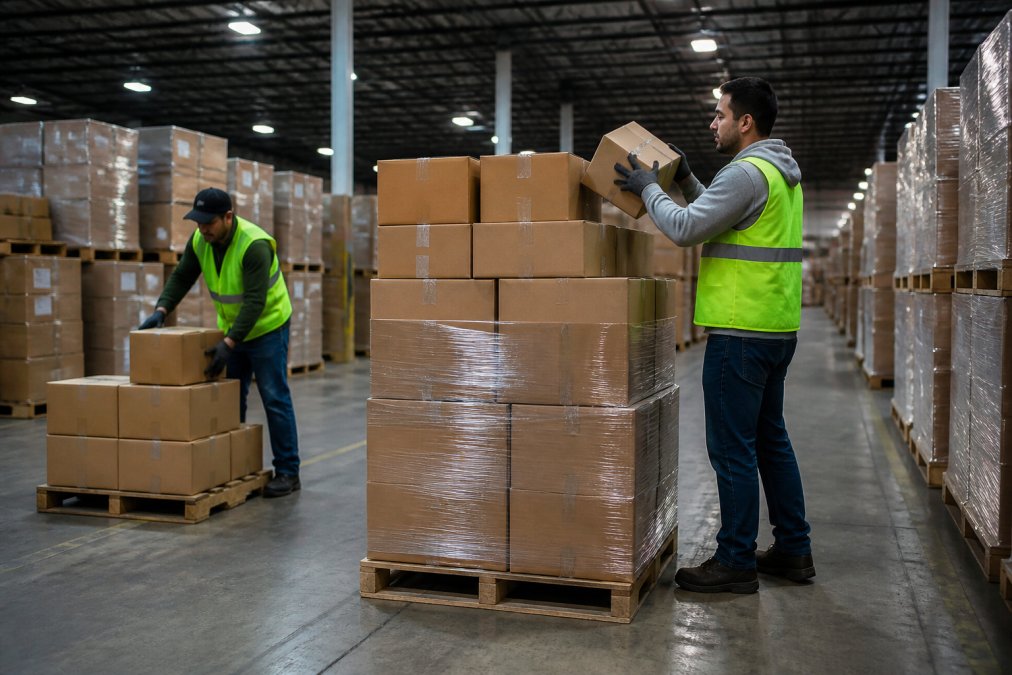 Warehouse workers in safety vests stacking boxes from several small pallets onto one large pallet, bright industrial lighting overhead