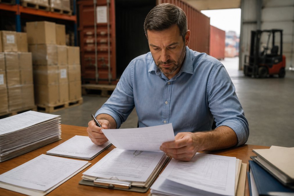 Logistics professional reviewing international shipping documentation and bill of lading forms at desk with cargo containers visible in warehouse background