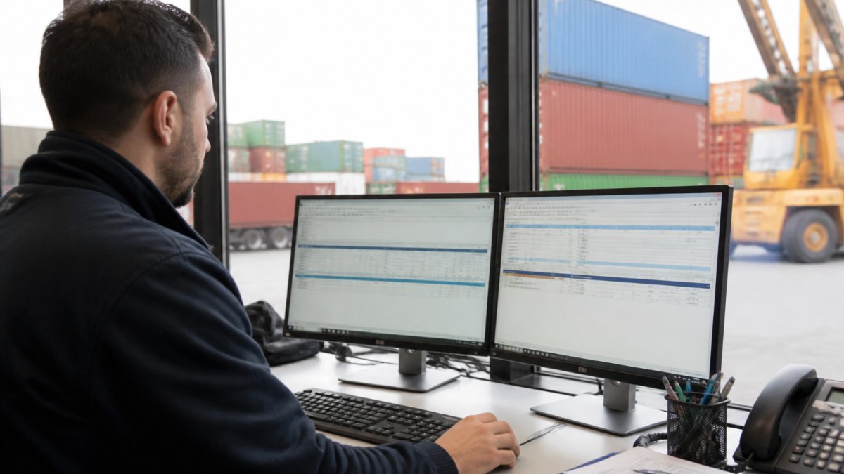 Logistics coordinator monitoring shipment status on computer screen in modern warehouse office, with shipping containers visible in background through large windows, natural daylight illuminating the workspace