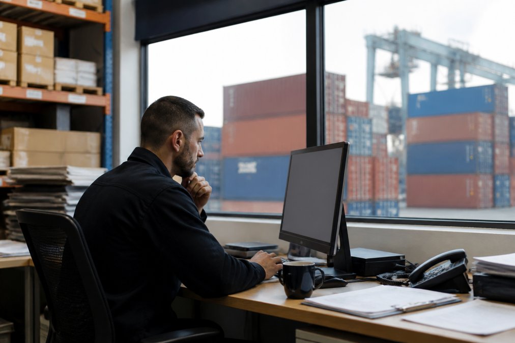 A logistics professional in a warehouse office reviewing security alerts on a desktop monitor, fluorescent overhead lighting, shipping containers visible through a large window in the background
